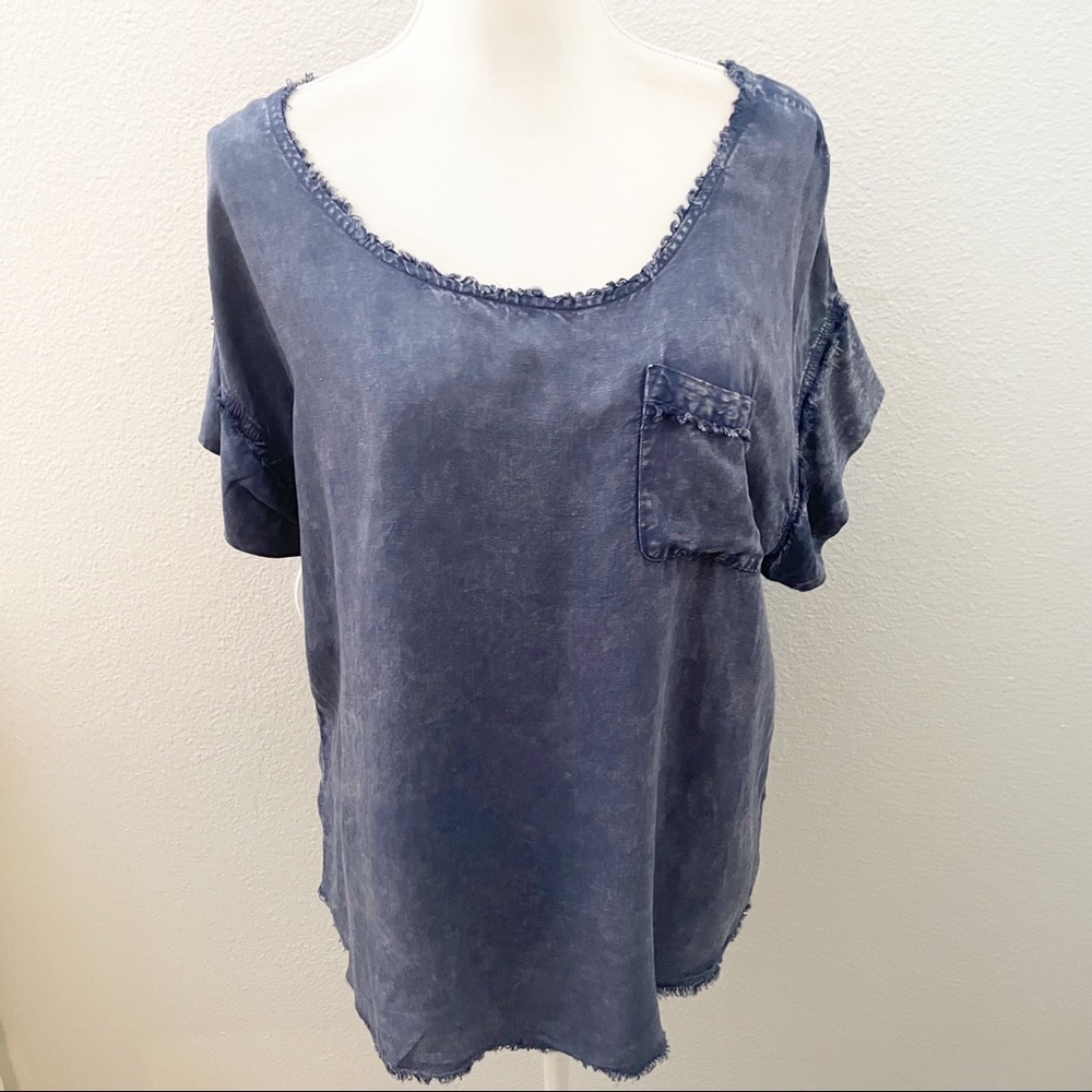 Anthropologie Pure + Good blue chambray frayed trim top size medium